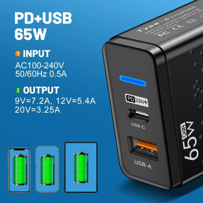 Củ sạc nhanh Elough PD65W cho điện thoại, máy tính bảng gồm 1 cổng USB-A 3.0 và 1 cổng Type-C, hàng nhập khẩu