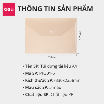 Túi file đựng tài liệu A4 Deli nhiều màu, clear bag bìa đựng tài liệu lưu trữ hồ sơ giấy tờ