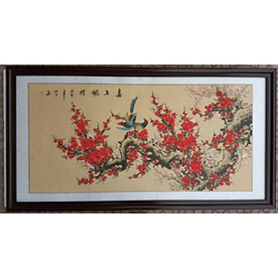 Tranh thủy mặc hoa đào đôi uyên ương