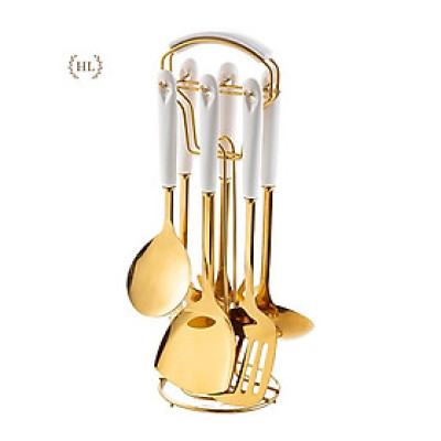 BỘ MUÔI CANH XẺNG INOX VÀNG GƯƠNG CÁN SỨ KÈM GIÁ TREO | BỘ MUÔI VÁ VÀNG GƯƠNG CAO CẤP (LOẠI 1 BẢN SỨ CẦM DÀI)