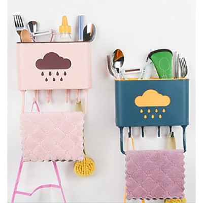 Hộp đựng đũa muỗng treo tường kèm móc treo khăn và dụng cụ bếp, ống đựng đũa muỗng hình đám mây