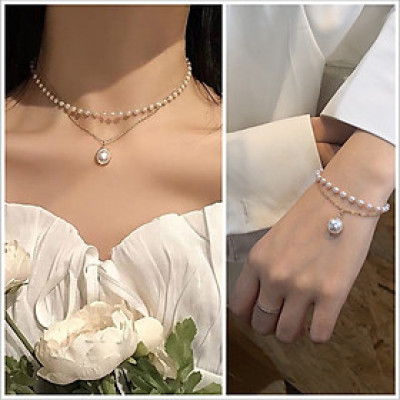 Set vòng cổ dây chuyền và lắc tay hạt ngọc 2 tầng