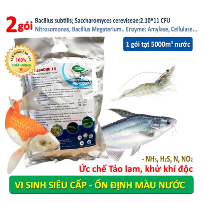 Combo 2 gói Men vi sinh xử lý nước ao hồ Cá Tôm - LASACHU. Làm trong nước, sạch nhớt đáy. Khử mùi hôi, tiêu khí độc (NH3, N, NO2, H2S). Ức chế vi khuẩn gây hại. HSD: 2 năm