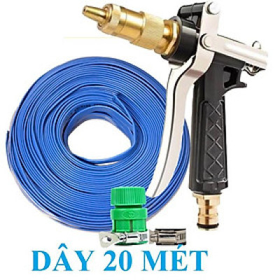 Bộ dây vòi xịt nước rửa xe, tưới cây . tăng áp 3 lần, loại 20m 206236 đầu đồng, đai, nối vòi vàng