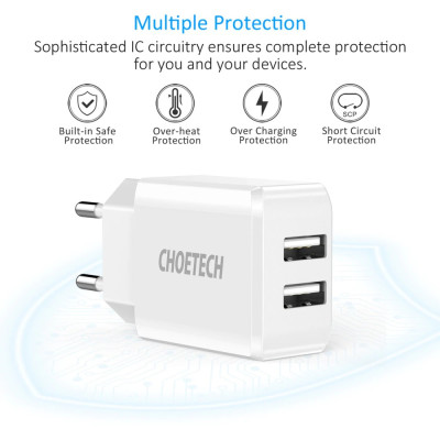 Cóc củ sạc nhanh Dual USB hiệu CHOETECH C0030 cho điện thoại / máy tính bảng hỗ trợ sạc nhanh 5V-2A trang bị chip bảo vệ thông minh, thiết kế nhỏ gọn - Hàng chính hãng