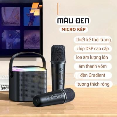 Loa Bluetooth mini kèm 2 micro hát karaoke không dây - Mic hát karaoke âm thanh chất lượng lọc âm khử nhiễu LED RGB - Hàng Nhập Khẩu