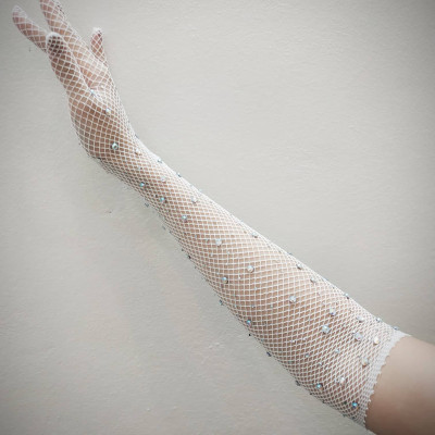 Găng tay sang chảnh màu trắng dạng lưới đính đá lấp lánh cho Cô dâu và Dạ hội, đi tiệc, sự kiện, lễ hội MS: 44146