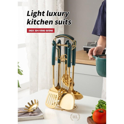 BỘ MUÔI CANH XẺNG INOX VÀNG GƯƠNG CÁN SỨ KÈM GIÁ TREO | BỘ MUÔI VÁ VÀNG GƯƠNG CAO CẤP (LOẠI 1 BẢN SỨ CẦM DÀI)