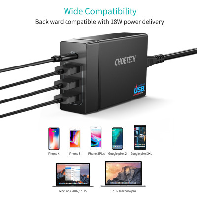 Cóc củ sạc nhanh 72W 3 cổng USB & 1 cổng PD Type-C 3.0 hiệu CHOETECH 1C3UEU-101BK cho điện thoại / máy tính bảng / Macbook / Laptop - Hàng chính hãng