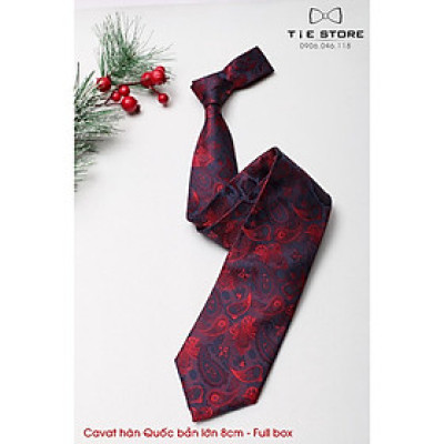 Cavat 8cm bản lớn Hàn Quốc cao cấp, đỏ mận họa tiết - Tặng kèm hộp Full box