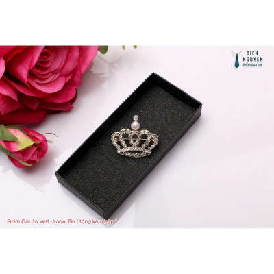 Ghim cài áo - ghim cài áo vest cưới Vương miện đính đá, tặng kèm hộp