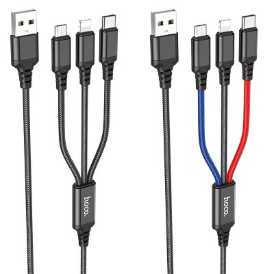 Cáp sạc nhanh 3 đầu Hoco X76 2A, dây sạc bọc dù đa năng, phù hợp với mọi loại dt hàng chính hãng