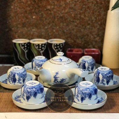 Bộ Ấm Chén Trà Đạo Gốm Trắng Men Lam Bát Tràng Trúc Lâm Thất Hiền Vẽ Vàng Dáng Đường Vũ Dung Tích 350ml (Bộ Ấm Chén) ATA 13