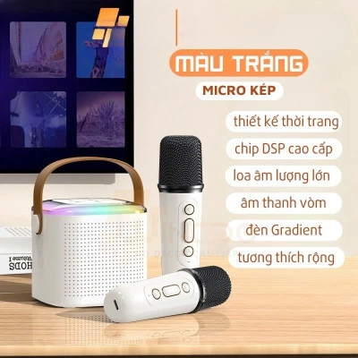 Loa Bluetooth mini kèm 2 micro hát karaoke không dây - Mic hát karaoke âm thanh chất lượng lọc âm khử nhiễu LED RGB - Hàng Nhập Khẩu