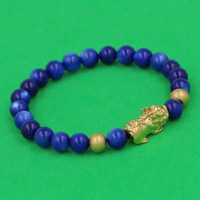 Vòng tay Đá Ngọc Tủy Xanh Dương 6 ly cẩn Tỳ Hưu inox vàng VNTXDTHHBV6 - hợp mệnh Mộc, mệnh Thủy