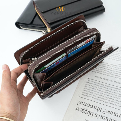Clutch Ví Cầm Tay Nam, Nữ Mandino 2 Ngăn Khóa Kéo Da Bò Nappa Nhỏ Gọn Tiện Dụng CT521