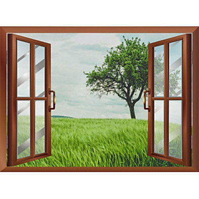 TRANH CỬA SỔ PVP-CS6 Tranh dán tường 3d cửa sổ mở VƯỜN CÂY XANH, hàng cây xanh ,Tranh dán tường có sẵn keo,tạo cảm giác gần gũi thiên nhiên.