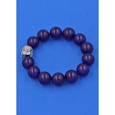 Vòng đeo tay Thạch Anh Tím 14 ly cẩn hạt Phật A Di Đà inox bạc VTAINLT14 - hợp mệnh Hỏa, mệnh Thổ