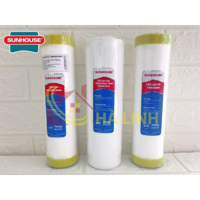 Bộ lõi lọc nước Sunhouse từ 1 đến 6, Gồm có: Lõi lọc thô 123, Lõi lọc số 4 RO Sản xuất tại Việt nam, 2 lõi lọc chức năng