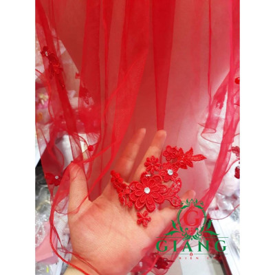 Voan cô dâu đính ren hoa 3D dài ngang lưng phụ kiện cưới Giang