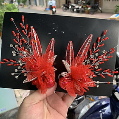 Bộ đôi cài tóc cô dâu hoa voan màu Trắng mềm đá hạt trai 10/2021 SP221366