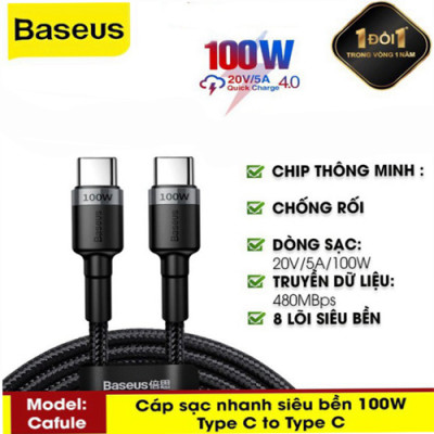 Cáp Sạc Nhanh Cafule 100W Dài 2M, Quick Charge 3.0 Kết Nối Type-C To Type-C Cho Điện Thoại Hàng Chính Hãng Baseus