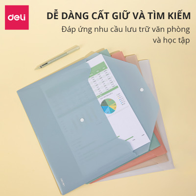Túi file đựng tài liệu A4 Deli nhiều màu, clear bag bìa đựng tài liệu lưu trữ hồ sơ giấy tờ