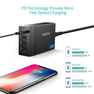 Cóc củ sạc nhanh 72W 3 cổng USB & 1 cổng PD Type-C 3.0 hiệu CHOETECH 1C3UEU-101BK cho điện thoại / máy tính bảng / Macbook / Laptop - Hàng chính hãng