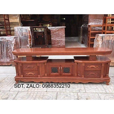 Kệ tivi vát cạnh gỗ xoan đào màu cánh gián vân gỗ tự nhiên, gỗ đã được xử lý tẩm