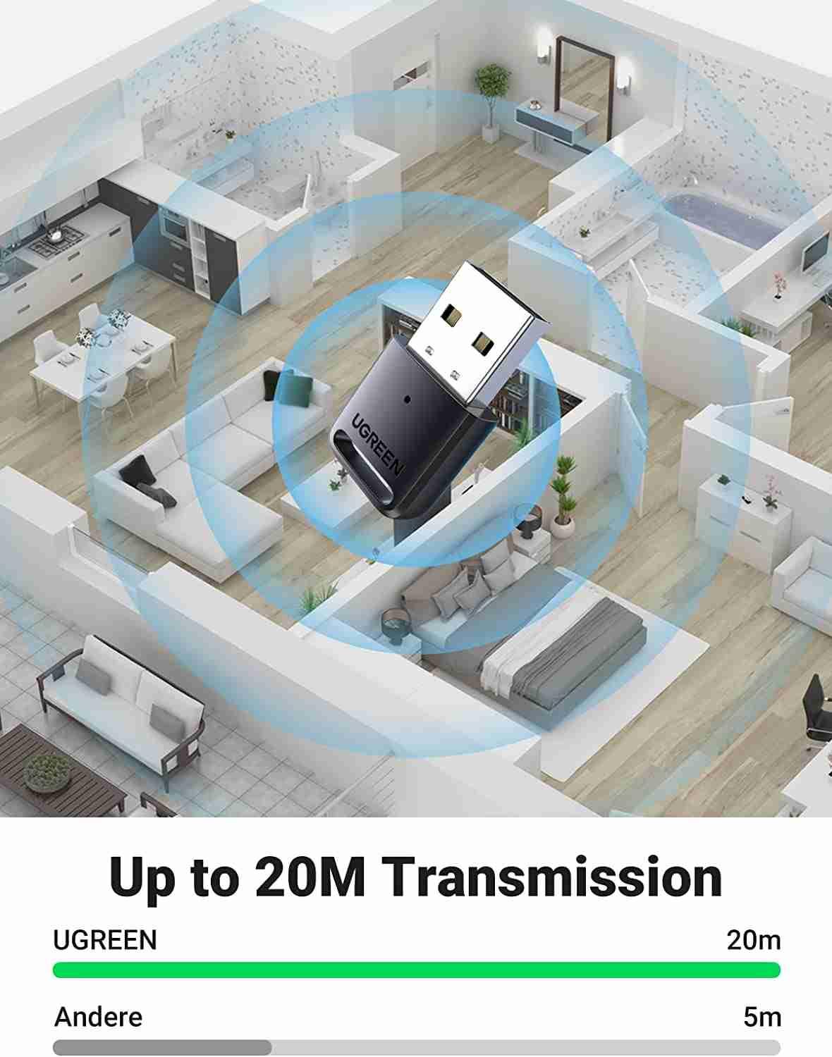 Ugreen UG80890CM390TK BT 5.0 Màu Đen USB nhận Bluetooth chuẩn 5.0 hổ trợ kết nối 5 thiết bị Bluetooth cùng lúc KHÔNG hổ trợ Apple - HÀNG CHÍNH HÃNG