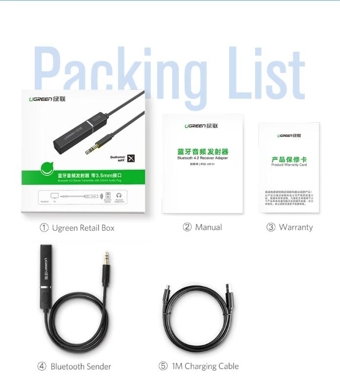 Ugreen UG40761CM107TK BT 4.2 màu Đen Bộ phát âm thanh Bluetooth 4.2 chuẩn 3.5mm - HÀNG CHÍNH HÃNG