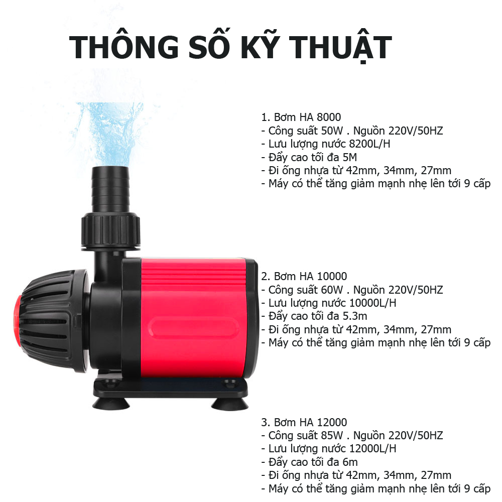 Máy bơm HA 10000 ( 60W - 10000L/H) lõi trục gốm, 9 nấc chỉnh nước dùng cho bể cá, hồ cá, hòn non bộ, sinh hoạt - Máy bơm chìm cao cấp