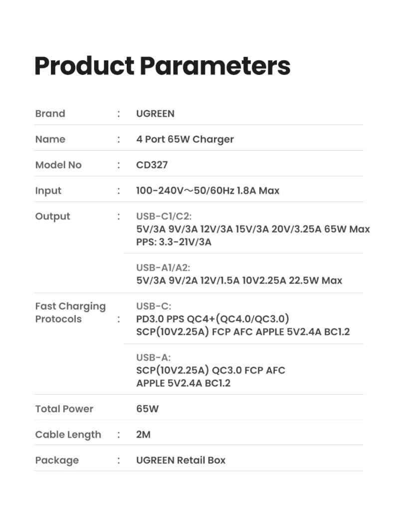 Ugreen UG90735CD327TK 65W Bộ sạc nhanh Nexode gồm 2 cổng USB-C + 2 cổng USB-A dây nguồn dài 1.5M chuẩn cắm US - HÀNG CHÍNH HÃNG
