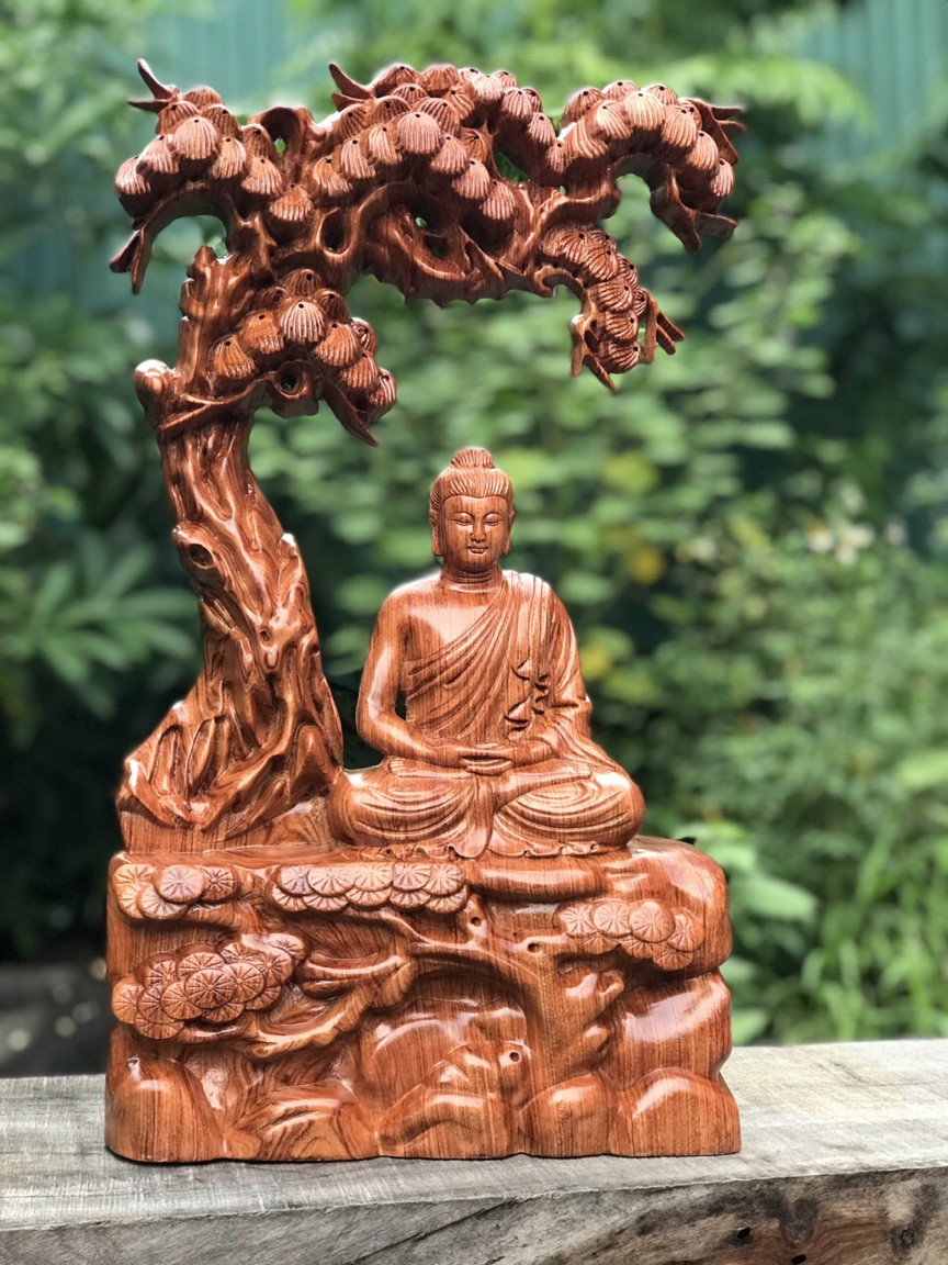 Tượng phật thích ca ngồi gốc cây đề bằng gỗ hương đá kt 50×31×15cm