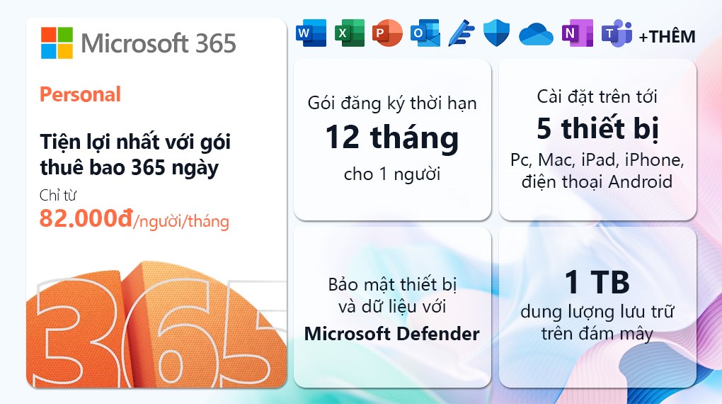 KEY ĐIỆN TỬ Phần mềm Microsoft 365 Personal EP2-32313 | 12 tháng | Dành cho 1 người | 5 thiết bị/tài khoản | Word, Excel, PowerPoint | 1TB OneDrive