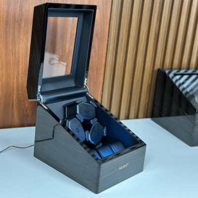 [BH 2 Năm Động Cơ] Hộp Đồng Hồ Cơ 3 Xoay + 3 Tĩnh SAIKE Vỏ Gỗ Sơn Vân Gỗ Mun Có Đèn Led