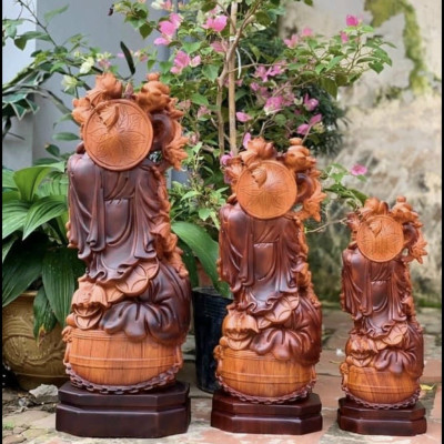 Tượng phật di lặc ngũ phúc bằng gỗ hương đá làm mầu giả cổ kt 40×15×11cm