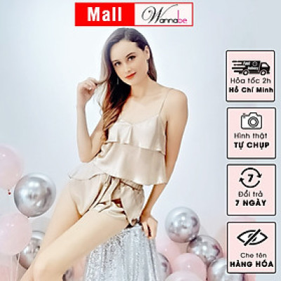Đồ bộ mặc nhà WANNABE BSS05 đồ bộ quần sọt đắp bèo phối áo 2 dây crop top bèo tầng tạo độ phồng cho ngực