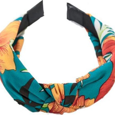 Bờm cài tóc turban nữ BN23B bản to họa tiết hoa vàng nền xanh lá