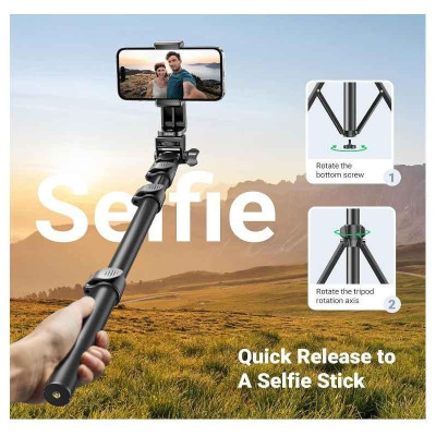 Ugreen UG15609LP680TK cao 50cm - 170cm 67inch có điều khiển Bluetooth Tripod 3 chân đế màu đen Gậy tự chụp ảnh kẹp điện thoại - HÀNG CHÍNH HÃNG