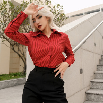 Áo somi giấu nút sọc đỏ