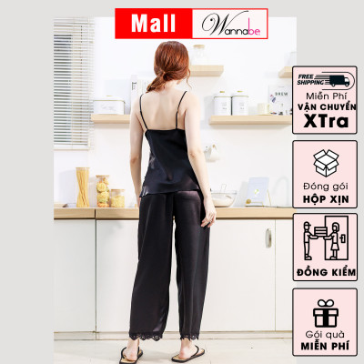 Đồ bộ mặc nhà WANNABE BDS38 đồ bộ quần dài áo hai dây cúp ngực nhúng phồng viền ren tạo sự nữ tính cho người mặc