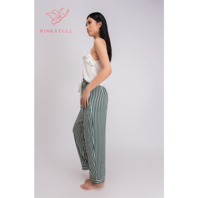 Bộ đồ ngủ hai dây dài Pink Stull quần sọc xanh lá- áo trắng bèo
