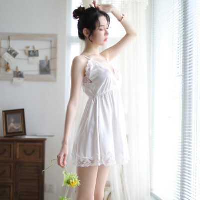 Váy ngủ lụa thái ren ngực - Màu trắng