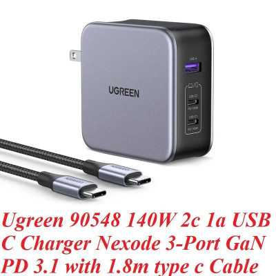 Ugreen UG9054890548TK 140W kèm cáp USB-C dài 1.8M Màu Xám Bộ sạc nhanh Nexode có 2 cổng USB-C và 1 cổng - HÀNG CHÍNH HÃNG