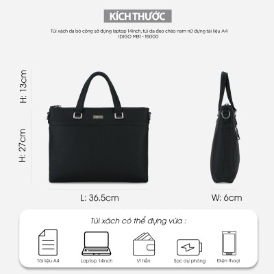 Túi xách công sở nam nữ đựng laptop 14 inch IDIGO MB1 - 16000, túi đựng tài liệu A4 da thật cao cấp