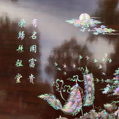 Tranh treo tường tích vinh quy bái tổ khảm ốc đỏ ,mầu sắc bẩy sắc cầu vồng ,hàng siêu đẹp kt 107×217×5cm