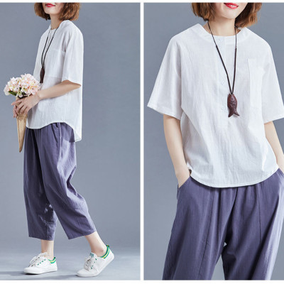 Áo sơ mi nữ form rộng kiểu tay lỡ cổ tròn NeSa Shop, chất liệu Lanh Cotton thấm hút mồ hôi, áo sơ mi nữ nhiều màu, SMT02