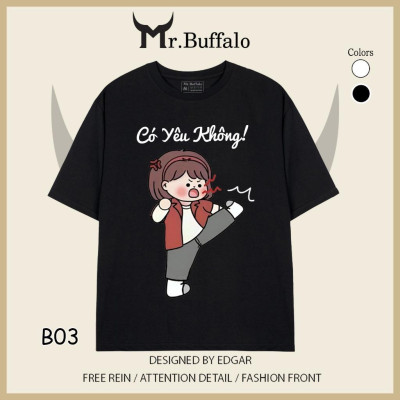 Áo đôi , áo thun cặp nam nữ tay lỡ Unisex "có yêu không" form rộng vải cotton 100% B03B04 - Mr.Buffalo