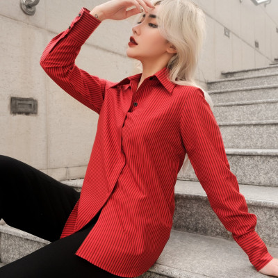 Áo somi giấu nút sọc đỏ